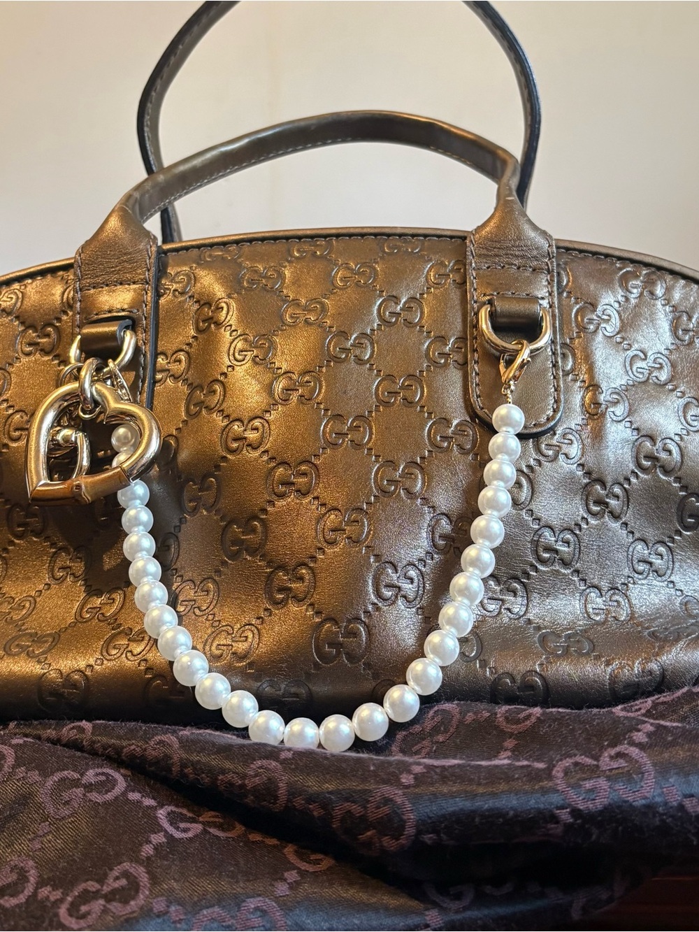Gucci Metallic Brown GG Embossed Satchel with Pearl Strap & Heart Charm
